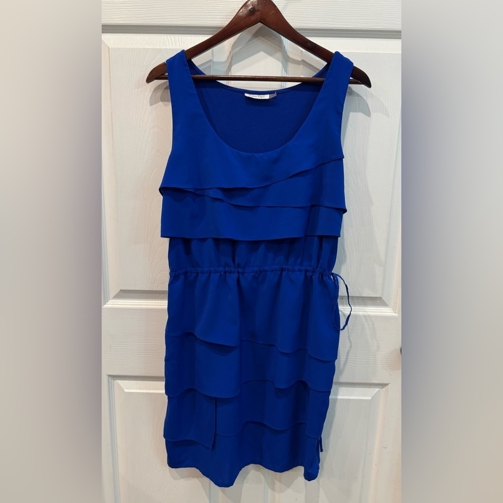 Calvin Klein Blue Sleeveless Ruffle Dress Functional Drawstring Waist Size 14
